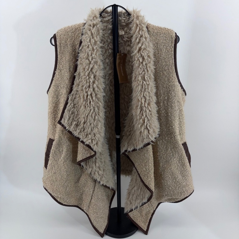 Francescas Mi Ami Faux Fur Lined Vest Beige Boucle Draped Open Front Medium NWT